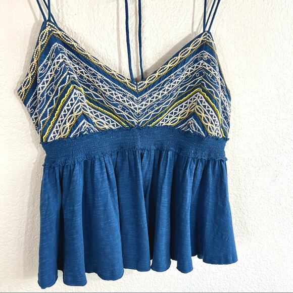 Free People blue spaghetti strap embroidered and beaded tank top size large - Picture 4 of 12